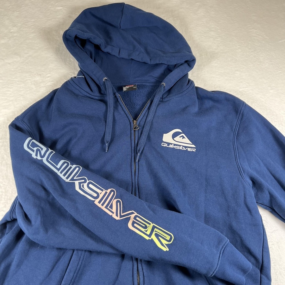 Quiksilver Hoodie‎ Mens Large Blue Full Zip Fleece Sweatshirt Graphic Logo
